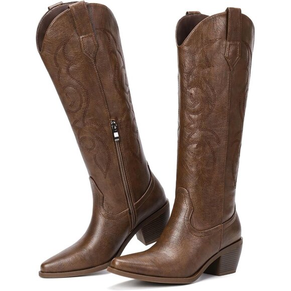 Women's Brown Cowboy for Wide High Calf Knee Western Rhinestone Tall Boots - Picture 5 of 5